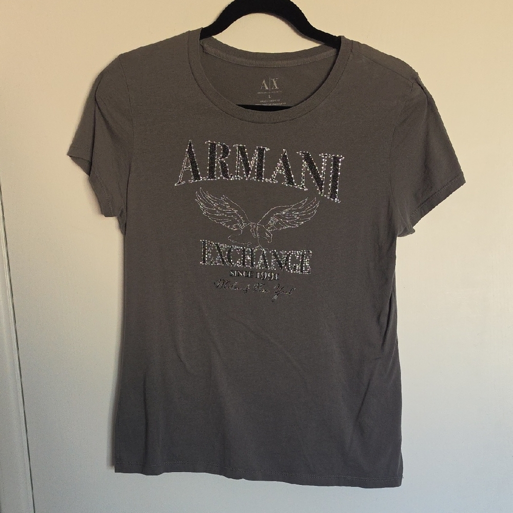 Armani Exchange Women's Charcoal Grey Rhinestone Logo Tee